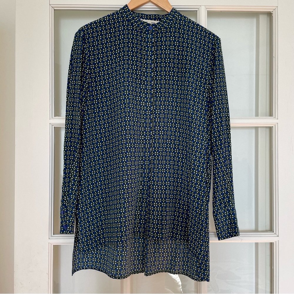 Diane von Furstenberg 100% silk blue green print long sleeve tunic blouse size P